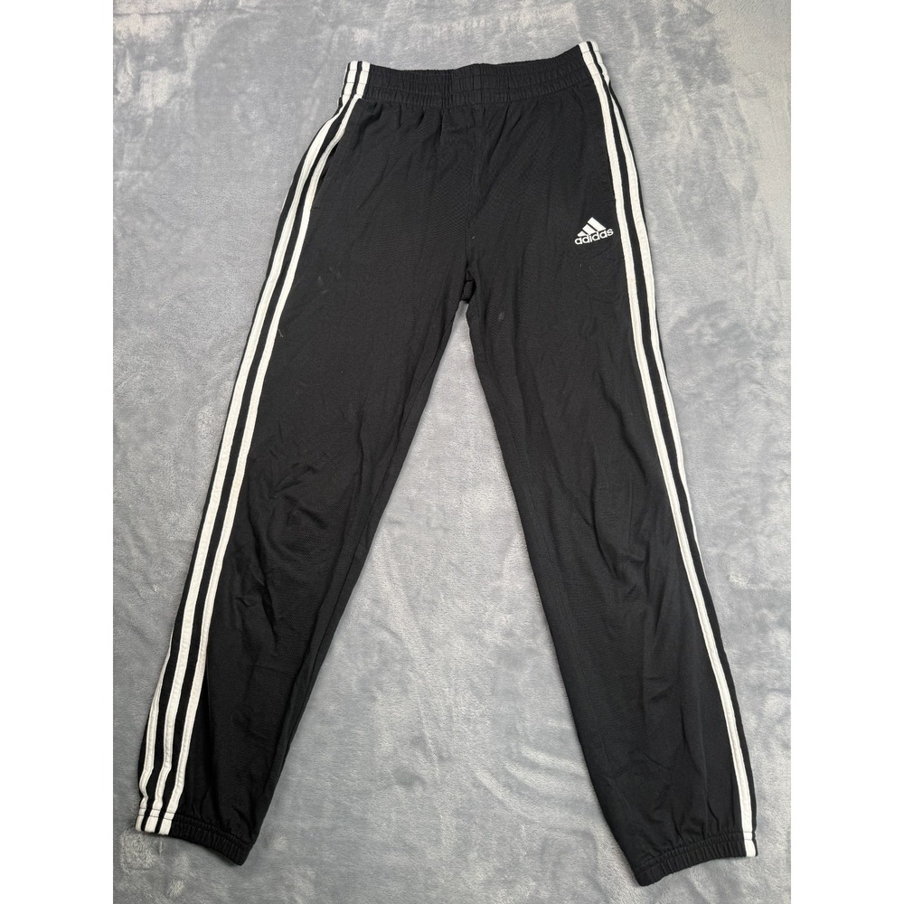 Adidas Essentials Jogger Pants Boys 10-12 Black White 3 Stripe Cotton Athleisure